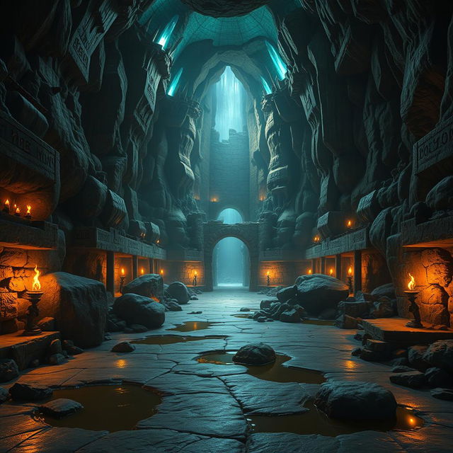 A large, expansive dungeon cave, featuring towering stone walls with intricate carvings and ancient writings