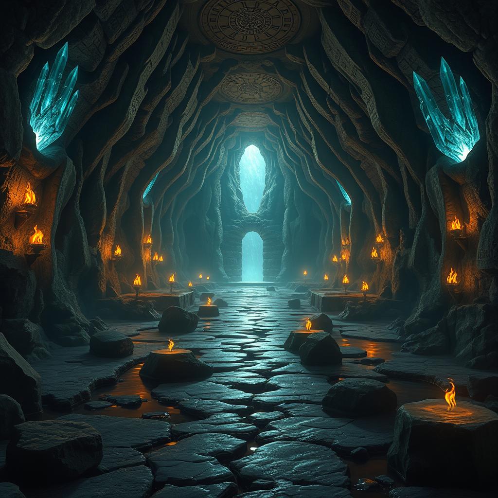 A large, expansive dungeon cave, featuring towering stone walls with intricate carvings and ancient writings