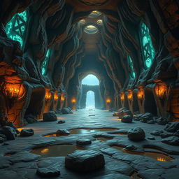 A large, expansive dungeon cave, featuring towering stone walls with intricate carvings and ancient writings