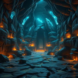 A large, expansive dungeon cave, featuring towering stone walls with intricate carvings and ancient writings