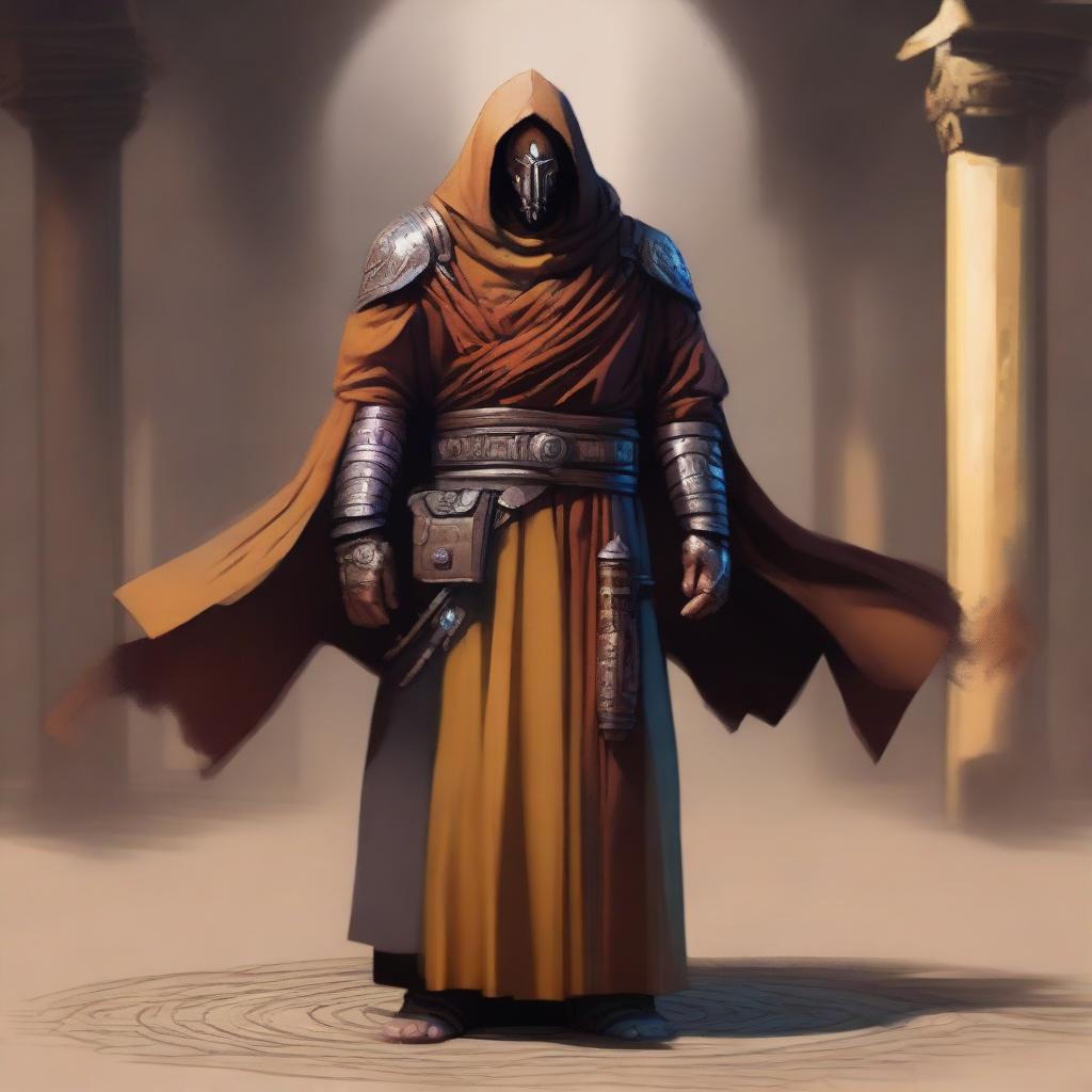 A magnificent depiction of a bounty hunter monk, dressed in a harmonious blend of monastic robes and futuristic gear, poised in a meditative yet ready stance