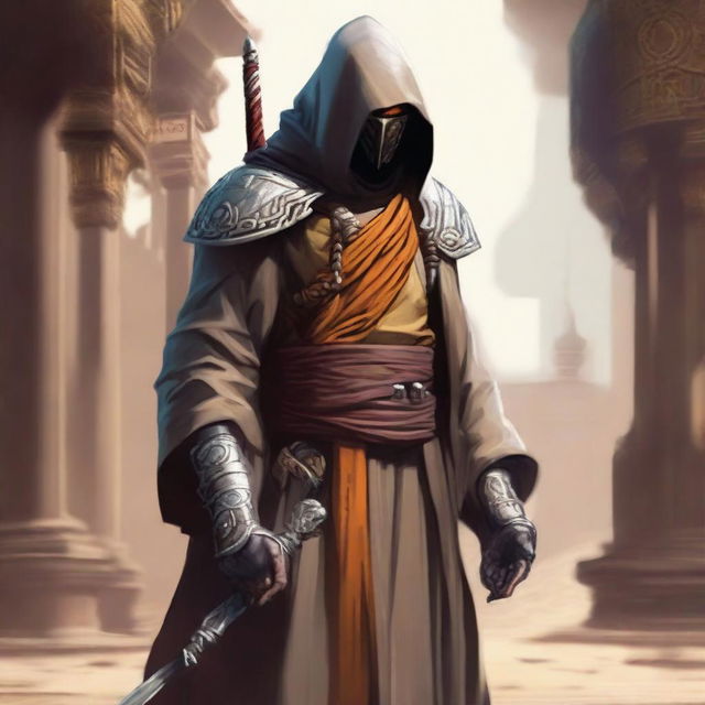 A magnificent depiction of a bounty hunter monk, dressed in a harmonious blend of monastic robes and futuristic gear, poised in a meditative yet ready stance