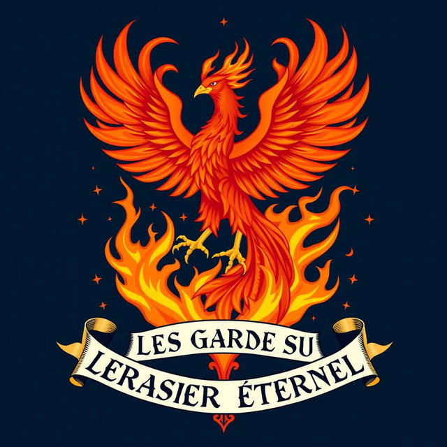 An emblem representing a religious order called 'Les Gardes du Brasier Éternel', symbolizing pure vengeance and rebirth