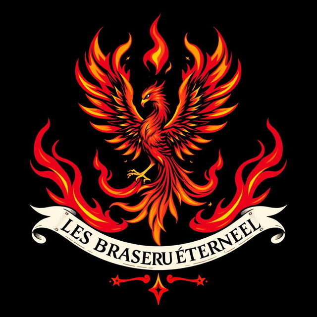 An emblem representing a religious order called 'Les Gardes du Brasier Éternel', symbolizing pure vengeance and rebirth