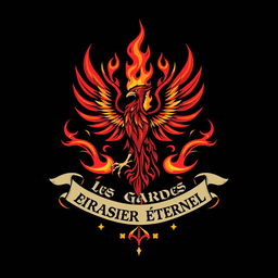 An emblem representing a religious order called 'Les Gardes du Brasier Éternel', symbolizing pure vengeance and rebirth