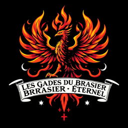 An emblem representing a religious order called 'Les Gardes du Brasier Éternel', symbolizing pure vengeance and rebirth
