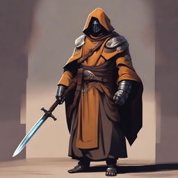 A magnificent depiction of a bounty hunter monk, dressed in a harmonious blend of monastic robes and futuristic gear, poised in a meditative yet ready stance