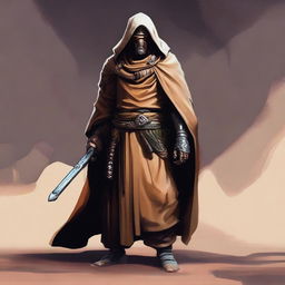 A magnificent depiction of a bounty hunter monk, dressed in a harmonious blend of monastic robes and futuristic gear, poised in a meditative yet ready stance