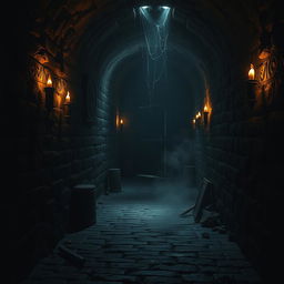 A dark and mysterious dungeon tunnel, illuminated by flickering torches on the stone walls