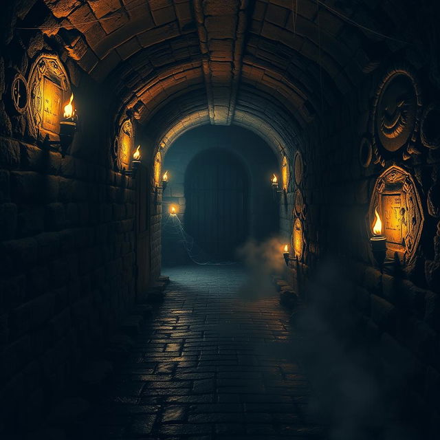 A dark and mysterious dungeon tunnel, illuminated by flickering torches on the stone walls