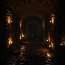 A dark and mysterious dungeon tunnel, illuminated by flickering torches on the stone walls