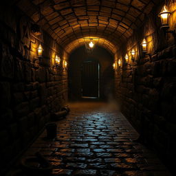 A dark and mysterious dungeon tunnel, illuminated by flickering torches on the stone walls