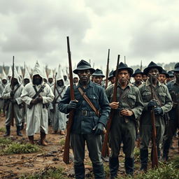 A tense historical scene depicting black soldiers in Union uniforms standing bravely against a backdrop of tension and unrest, with a group of intimidating Ku Klux Klan members visible in the distance