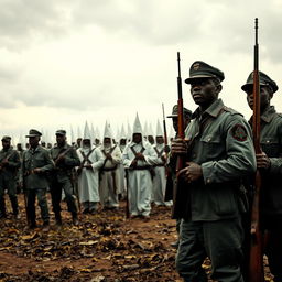 A tense historical scene depicting black soldiers in Union uniforms standing bravely against a backdrop of tension and unrest, with a group of intimidating Ku Klux Klan members visible in the distance