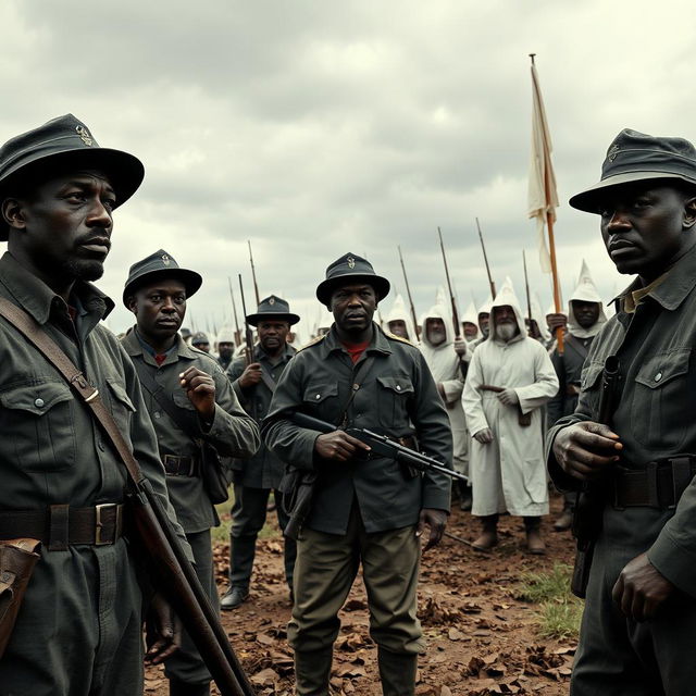 A tense historical scene depicting black soldiers in Union uniforms standing bravely against a backdrop of tension and unrest, with a group of intimidating Ku Klux Klan members visible in the distance