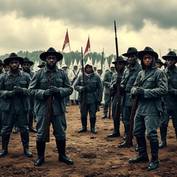 A tense historical scene depicting black soldiers in Union uniforms standing bravely against a backdrop of tension and unrest, with a group of intimidating Ku Klux Klan members visible in the distance