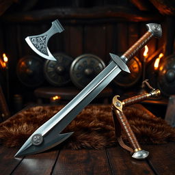 An array of Viking weapons displayed majestically: a beautifully crafted axe with intricate Norse patterns on the blade, a sharp longsword featuring a gleaming steel finish, adorned with leather-wrapped grip and a golden hilt
