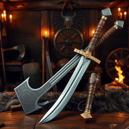 An array of Viking weapons displayed majestically: a beautifully crafted axe with intricate Norse patterns on the blade, a sharp longsword featuring a gleaming steel finish, adorned with leather-wrapped grip and a golden hilt