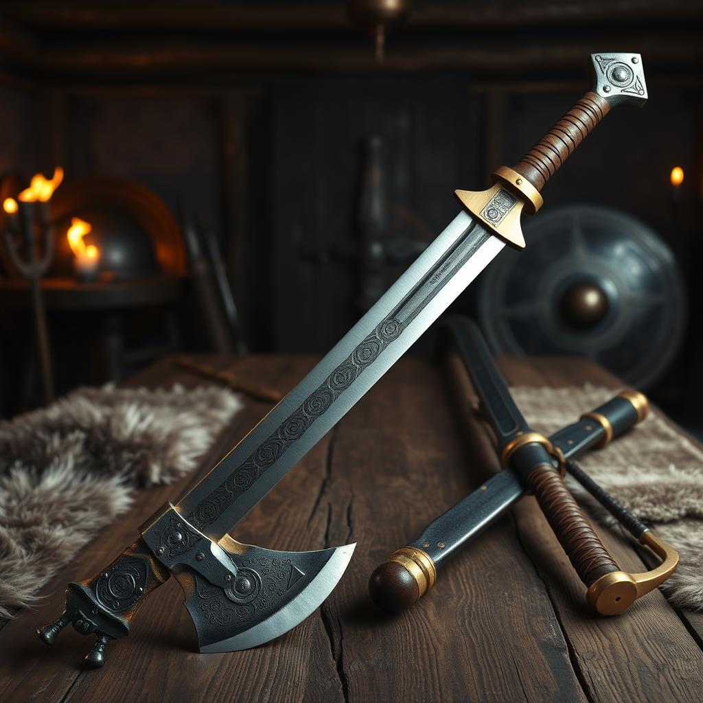 An array of Viking weapons displayed majestically: a beautifully crafted axe with intricate Norse patterns on the blade, a sharp longsword featuring a gleaming steel finish, adorned with leather-wrapped grip and a golden hilt