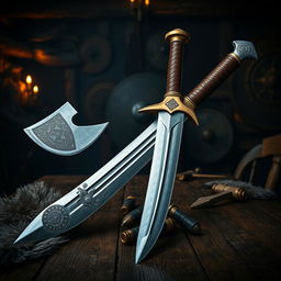 An array of Viking weapons displayed majestically: a beautifully crafted axe with intricate Norse patterns on the blade, a sharp longsword featuring a gleaming steel finish, adorned with leather-wrapped grip and a golden hilt