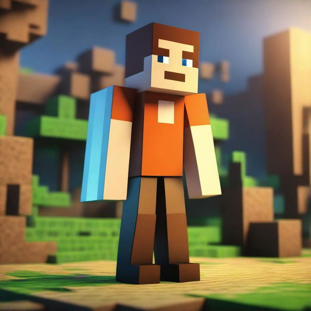 Render a 3D Minecraft character earnestly engaged in mining