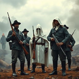 A powerful and tense scene depicting black soldiers in Union uniforms standing confidently against a backdrop of hostility, in confrontation with a Ku Klux Klan member draped in a white robe and hood