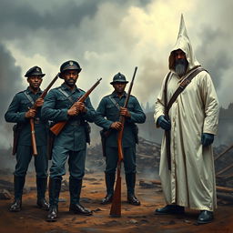 A powerful and tense scene depicting black soldiers in Union uniforms standing confidently against a backdrop of hostility, in confrontation with a Ku Klux Klan member draped in a white robe and hood