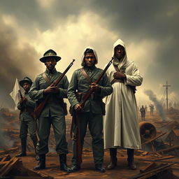 A powerful and tense scene depicting black soldiers in Union uniforms standing confidently against a backdrop of hostility, in confrontation with a Ku Klux Klan member draped in a white robe and hood