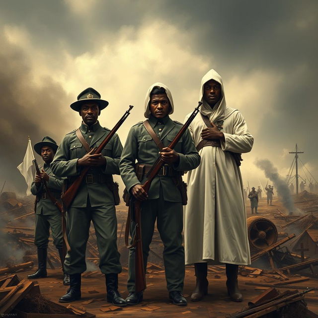 A powerful and tense scene depicting black soldiers in Union uniforms standing confidently against a backdrop of hostility, in confrontation with a Ku Klux Klan member draped in a white robe and hood