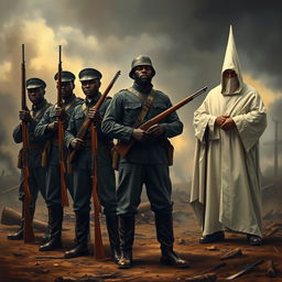 A powerful and tense scene depicting black soldiers in Union uniforms standing confidently against a backdrop of hostility, in confrontation with a Ku Klux Klan member draped in a white robe and hood