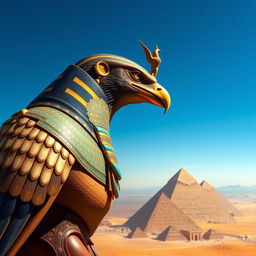 A powerful depiction of Horus, the Egyptian sky god in the form of a falcon, gazing down from great heights, symbolizing royalty and the protection of the pharaoh