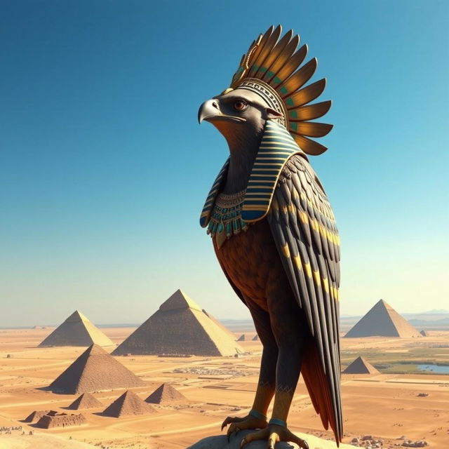 A powerful depiction of Horus, the Egyptian sky god in the form of a falcon, gazing down from great heights, symbolizing royalty and the protection of the pharaoh