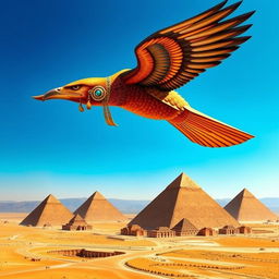 A powerful depiction of Horus, the Egyptian sky god in the form of a falcon, gazing down from great heights, symbolizing royalty and the protection of the pharaoh