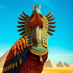 A powerful depiction of Horus, the Egyptian sky god in the form of a falcon, gazing down from great heights, symbolizing royalty and the protection of the pharaoh