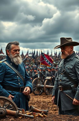 An epic confrontation between two Civil War generals, set on a battlefield with dramatic clouds in the sky