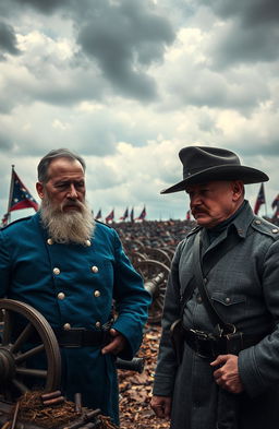An epic confrontation between two Civil War generals, set on a battlefield with dramatic clouds in the sky