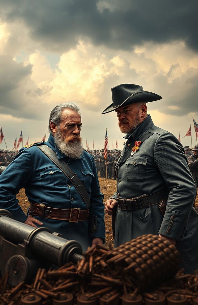 An epic confrontation between two Civil War generals, set on a battlefield with dramatic clouds in the sky