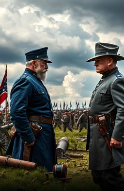 An epic confrontation between two Civil War generals, set on a battlefield with dramatic clouds in the sky