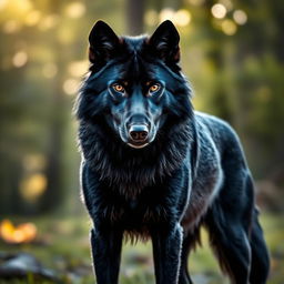 A majestic black wolf standing confidently in a natural setting, showcasing its sleek fur and powerful physique