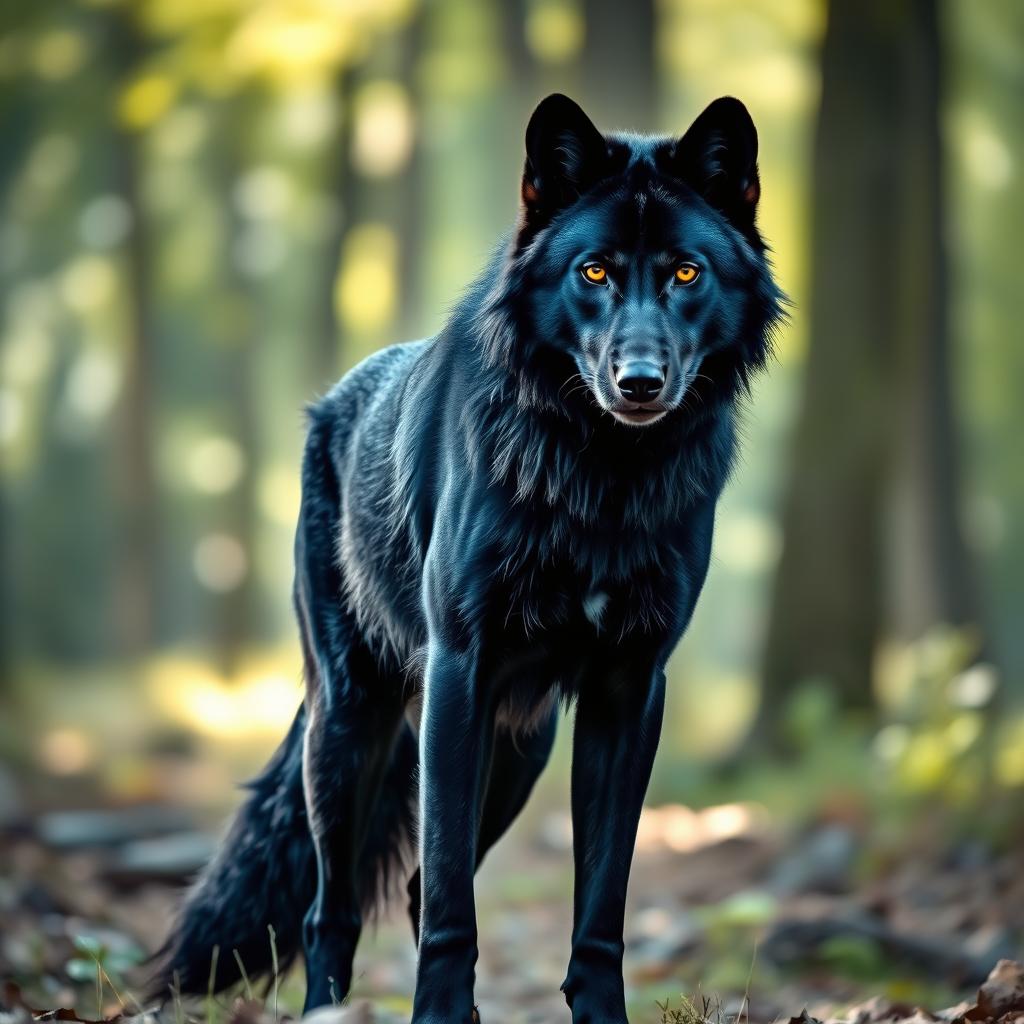 A majestic black wolf standing confidently in a natural setting, showcasing its sleek fur and powerful physique