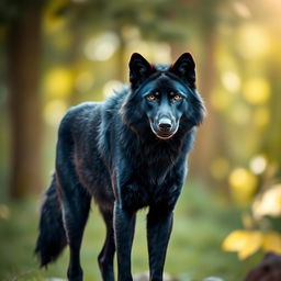 A majestic black wolf standing confidently in a natural setting, showcasing its sleek fur and powerful physique