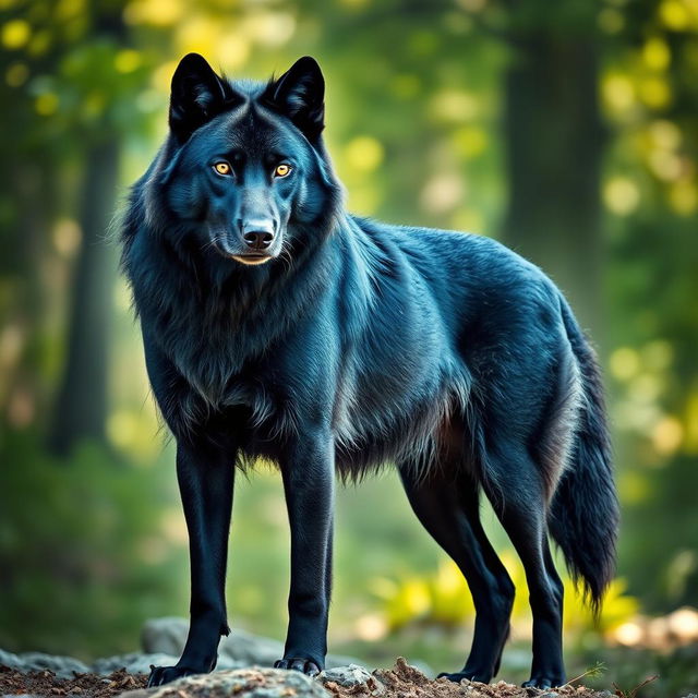 A majestic black wolf standing confidently in a natural setting, showcasing its sleek fur and powerful physique