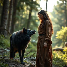 A striking scene featuring a majestic black wolf gazing intently at a woman standing in a natural, serene setting