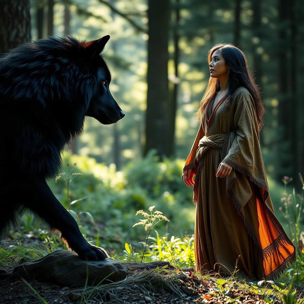 A striking scene featuring a majestic black wolf gazing intently at a woman standing in a natural, serene setting