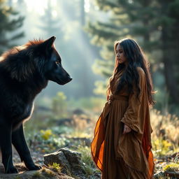 A striking scene featuring a majestic black wolf gazing intently at a woman standing in a natural, serene setting
