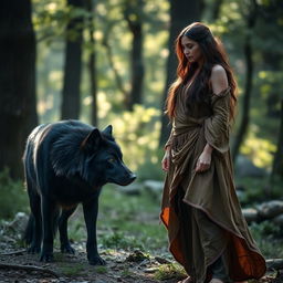 A striking scene featuring a majestic black wolf gazing intently at a woman standing in a natural, serene setting