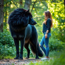 A large black wolf staring intently at a woman standing in a natural setting