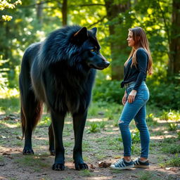 A large black wolf staring intently at a woman standing in a natural setting