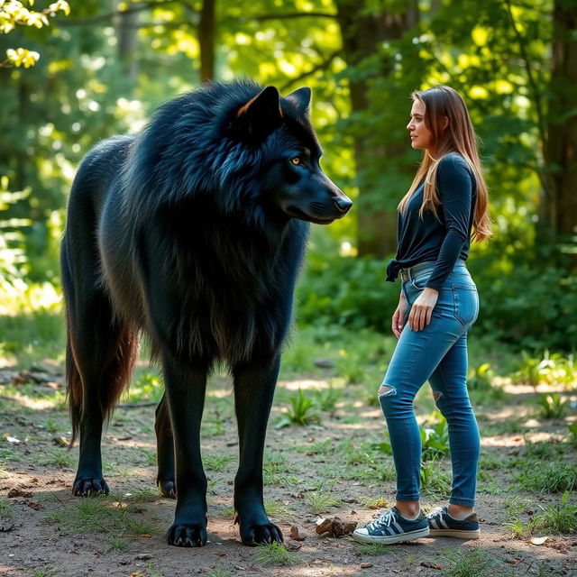 A large black wolf staring intently at a woman standing in a natural setting