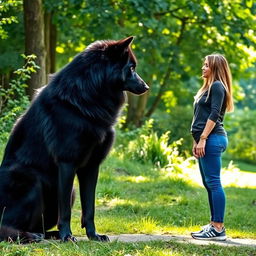 A large black wolf staring intently at a woman standing in a natural setting